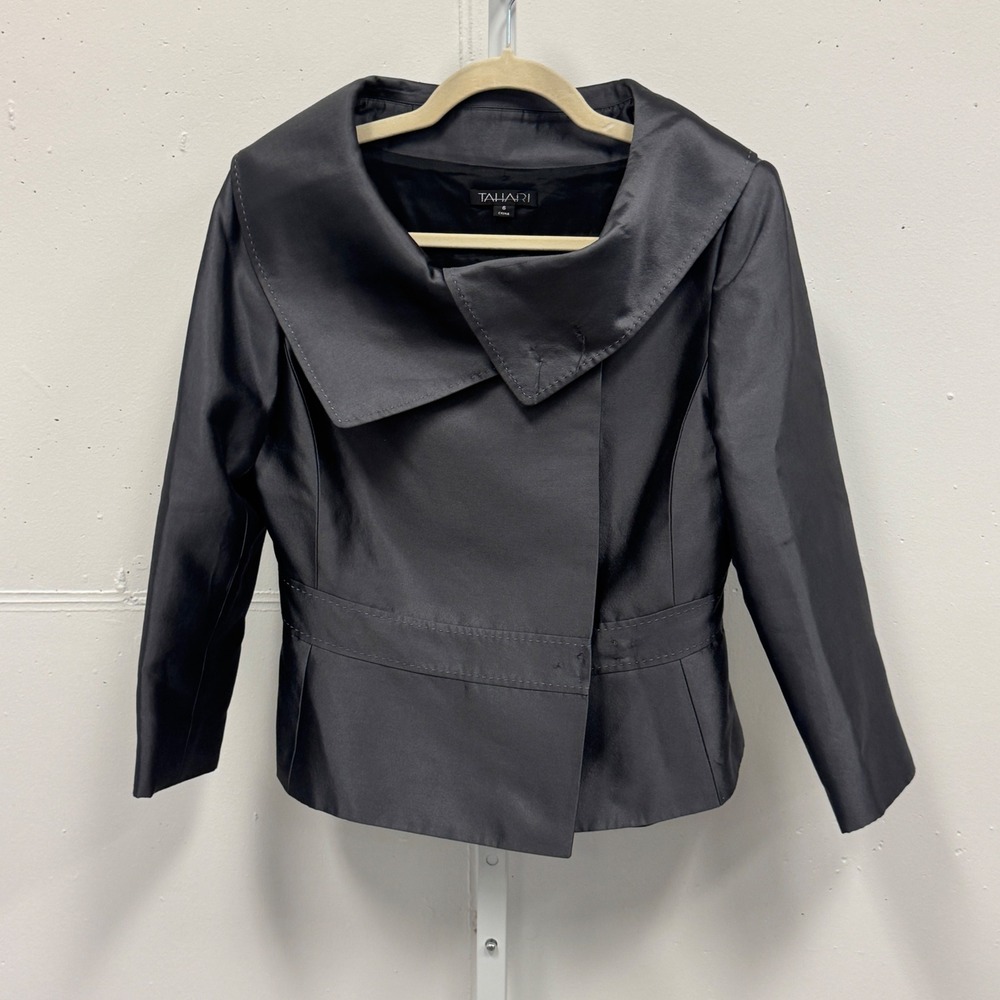 Tahari Wool Silk Blend Asymmetrical Portrait Collar Jacket‎ Charcoal Gray Size 6